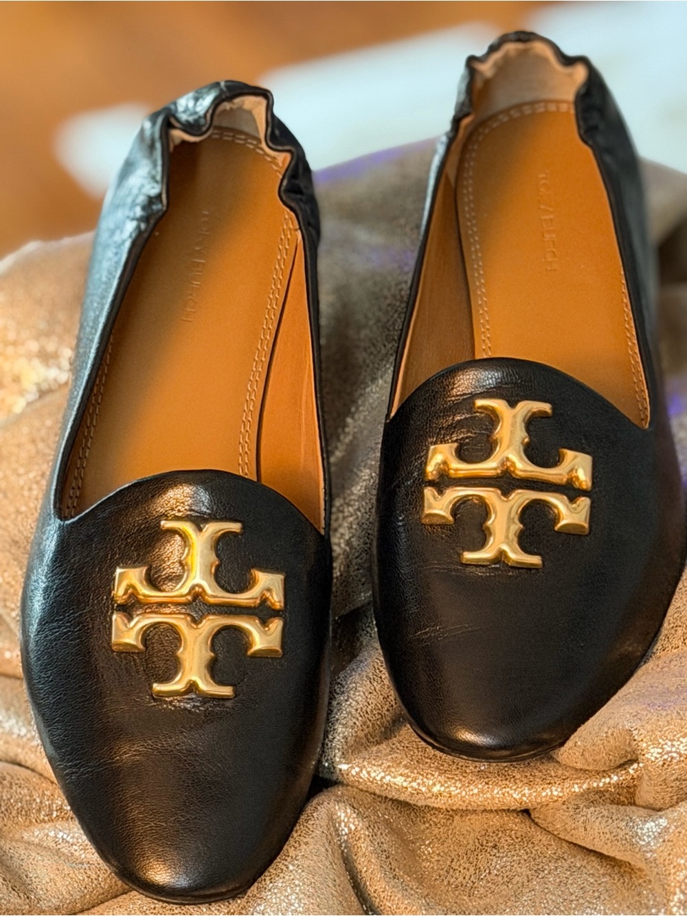 Tory Burch Black Leather Logo Ballet Flats with Gold Emblem